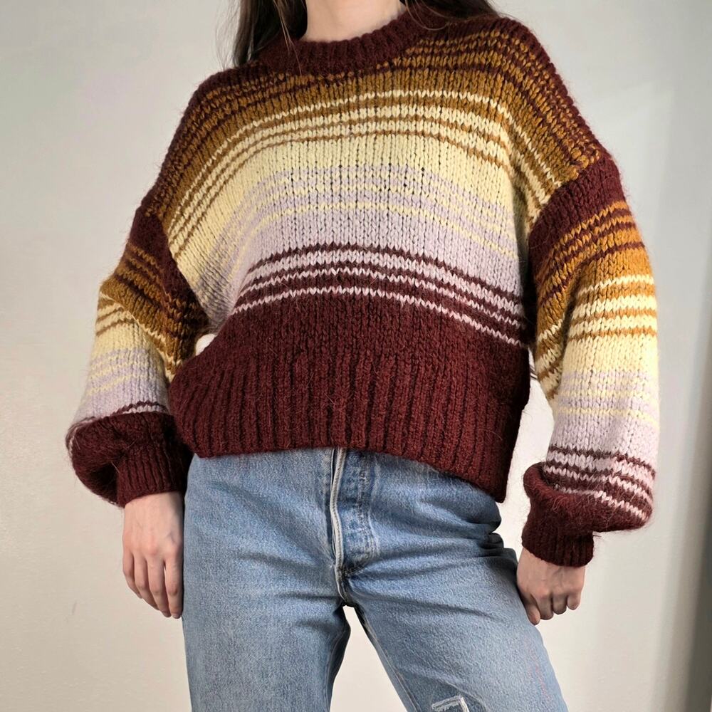 Striped Chunky Sweater Zara Size Large Burgundy Balloon Sleeve Alpaca Wool Fuzzy